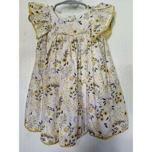 Shabby Chic Prairie Floral Flutter Sleeve Yellow Pom Pom Trim Dress Baby 12 Mths